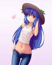 Rule 34 | 1girl, adapted costume, armpits, bare shoulders, breasts, casual, contemporary, denim, eyebrows, grin, hand in own hair, hand on own hip, hat, hater (hatater), heart, highres, hinanawi tenshi, jeans, long hair, lowleg, lowleg pants, midriff, navel, navel piercing, open fly, pants, piercing, red eyes, simple background, skin tight, small breasts, smile, solo, stomach, tank top, thick eyebrows, tight clothes, tight pants, touhou, unzipped, white background, wide hips