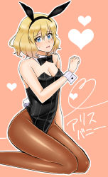 Rule 34 | 1girl, alice margatroid, animal ears, bajinappo, blonde hair, blue eyes, bow, bowtie, rabbit ears, rabbit tail, playboy bunny, detached collar, highres, pantyhose, short hair, solo, tail, touhou, wrist cuffs