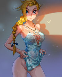 Rule 34 | 1girl, blonde hair, blue eyes, blue nails, braid, braided ponytail, breasts, bustier, cleavage, cowboy shot, davecavedraws, elsa (frozen), frozen (disney), highres, jewelry, long hair, looking at viewer, nail polish, necklace, no panties, shadow, solo