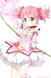 Rule 34 | 1girl, bow (weapon), highres, kaname madoka, looking at viewer, mahou shoujo madoka magica, mearian, pink eyes, pink hair, puffy sleeves, short sleeves, short twintails, simple background, solo, twintails, weapon