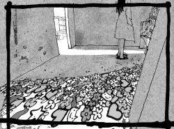Rule 34 | 1girl, 1other, blood, border, censored, commentary request, crack of light, dark room, flower (symbol), greyscale, hallway, hand in pocket, head out of frame, heart, indoors, kagaku chop, long hair, long sleeves, monochrome, nagakura ren, novelty censor, out of frame, outside border, payama, pool of blood, rabbit symbol, slippers, standing, transparent border, wide shot