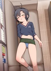 Rule 34 | 1girl, absurdres, antenna hair, bare legs, black hair, blue panties, blush, clothes lift, collarbone, couch, flat chest, foot out of frame, green skirt, highres, idolmaster, idolmaster (classic), idolmaster million live!, indoors, kikuchi makoto, lying, on back, on couch, panties, pelican (s030), short hair, skirt, skirt lift, sleeping, solo, tile floor, tiles, tomboy, underwear