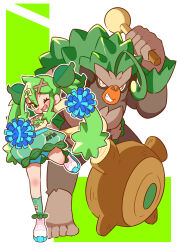 Rule 34 | 1girl, absurdres, blue shorts, cheerleader, commentary, creatures (company), drumsticks, eyelashes, fortissimo, game freak, gen 8 pokemon, gong, grass miku (project voltage), green eyes, green hair, grin, hair between eyes, hair ornament, hatsune miku, highres, holding, holding drumsticks, lower teeth only, matsuri iv, musical note, musical note hair ornament, nintendo, one eye closed, open mouth, pokemon, pokemon (creature), pom pom (cheerleading), project voltage, rillaboom, shorts, smile, sweater, teeth, twintails, vocaloid, white footwear