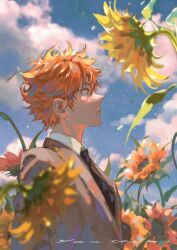 Rule 34 | 1boy, artist name, black necktie, brown jacket, cloud, cloudy sky, collared shirt, commentary, dress shirt, field, flower, flower field, haikyuu!!, hair behind ear, hair between eyes, hashtag-only commentary, hinata shouyou, jacket, lapels, layered clothes, looking at flowers, male focus, necktie, orange eyes, orange hair, parted lips, profile, shirt, sky, solo, suit jacket, sunflower, undershirt, upper body, white shirt, yellow flower, yoauuki