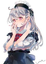 Rule 34 | 1girl, between fingers, black skirt, blush, cigarette, commentary request, earrings, grey hair, hair between eyes, hands up, highres, holding, holding cigarette, jewelry, long hair, looking at viewer, one side up, original, parted lips, red eyes, sha2mo, shirt, short sleeves, signature, simple background, skirt, solo, stud earrings, upper body, white background, white shirt