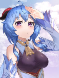 Rule 34 | 1girl, absurdres, ahoge, bare shoulders, bell, blue hair, blush, bodystocking, breasts, cloud, cloudy sky, day, detached sleeves, ganyu (genshin impact), genshin impact, highres, horns, long hair, looking at viewer, medium breasts, neck bell, oyasuminasai31, purple eyes, sidelocks, sky, solo, upper body, white sleeves