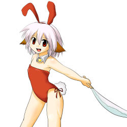 Rule 34 | 1girl, animal ears, bow, brooch, bunny must die, bunny the honeywhite, extra ears, fake animal ears, flat chest, highres, holding, holding weapon, jewelry, open mouth, playboy bunny, rabbit ears, rabbit tail, red bow, red eyes, short hair, silver hair, simple background, solo, tail, vallerg, weapon, white background