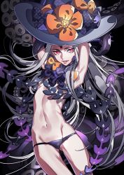 Rule 34 | 1girl, abigail williams (fate), abigail williams (third ascension) (fate), armpits, black background, black bow, black panties, bow, breasts, commentary request, cowboy shot, fate/grand order, fate (series), grey hair, hands up, hat, hat bow, highres, long hair, looking at viewer, navel, orange bow, panties, parted lips, polka dot, polka dot bow, red eyes, revealing clothes, small breasts, smile, solo, suction cups, tenobe, tentacles, underwear, very long hair