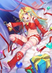 Rule 34 | 1girl, 2019, bell, blonde hair, christmas, christmas tree, detached sleeves, female focus, gift, hair ornament, highres, long hair, midriff, mitake eil, nail polish, navel, on bed, open mouth, original, purple eyes, short shorts, shorts, sidelocks, signature, solo, star (symbol), star hair ornament, striped clothes, striped thighhighs, thighhighs, window