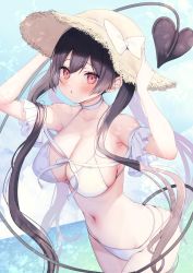 Rule 34 | 1girl, arms up, ayuma sayu, bare shoulders, bikini, black hair, blush, bow, breasts, choker, cleavage, cowboy shot, demon girl, demon tail, hand on headwear, hat, hat bow, highres, large breasts, long hair, looking at viewer, navel, original, outdoors, parted lips, pink eyes, solo, standing, stomach, straw hat, sun hat, swimsuit, tail, tail raised, twintails, very long hair, white bikini, white bow, white choker