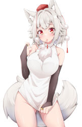 Rule 34 | 1girl, animal ears, black gloves, blush, breasts, bridal gauntlets, cowboy shot, elbow gloves, gloves, gluteal fold, grey hair, groin, hat, inubashiri momiji, large breasts, pom pom (clothes), red eyes, red hat, rururiaru, short hair, simple background, solo, tail, tokin hat, touhou, white background, wolf ears, wolf tail