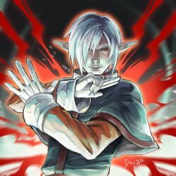 Rule 34 | 1boy, closed mouth, daizu, gloves, hair over one eye, highres, looking at viewer, lucifer (star ocean), male focus, pointy ears, red eyes, short hair, solo, star ocean, star ocean the second story, white gloves, white hair