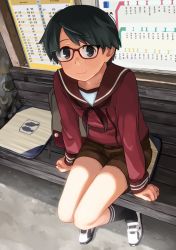 Rule 34 | 1girl, bag, bench, bespectacled, black hair, brown eyes, brown sailor collar, brown serafuku, brown shorts, chart, commentary request, full body, glasses, jewelry, kantai collection, looking at viewer, makio (makiomeigenbot), mogami (kancolle), red-framed eyewear, ring, sailor collar, school uniform, serafuku, shoes, short hair, shorts, sitting, smile, solo, swept bangs, wedding band