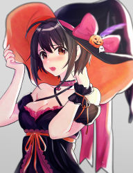 Rule 34 | 1girl, ahoge, black hair, blurry, blush, breasts, brown eyes, cleavage, depth of field, dress, fang, hat, highres, idolmaster, idolmaster cinderella girls, kohinata miho, looking at viewer, medium breasts, open mouth, short hair, solo, upper body, wenquangua, witch hat