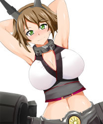 Rule 34 | 10s, 1girl, armpits, arms up, blush, breasts, brown hair, cleavage, collar, green eyes, kantai collection, large breasts, looking at viewer, midriff, mutsu (kancolle), short hair, simple background, smile, solo, sugamo, white background