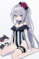 Rule 34 | 1girl, black choker, breasts, casual one-piece swimsuit, choker, cleavage, cross, cross choker, expressionless, flower, frilled one-piece swimsuit, frilled swimsuit, frills, grey hair, hair between eyes, hair flower, hair ornament, highres, jewelry, mearylis (yamanasi mikage), one-piece swimsuit, original, ponytail, red eyes, simple background, sitting, small breasts, solo, stuffed toy, swimsuit, thigh strap, two-tone swimsuit, wariza, white background, yamanasi mikage