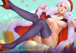 Rule 34 | 10s, 1girl, 2014, ariverkao, asymmetrical bangs, bikini, bikini top only, blonde hair, bottomless, box, breasts, breasts apart, candy, christmas, coat, covered erect nipples, food, fur trim, gift, gift box, hat, high heels, large breasts, leg lift, legs, lollipop, long legs, looking at viewer, merry christmas, open clothes, open coat, original, pointy ears, pom pom (clothes), purple thighhighs, red coat, red eyes, red footwear, santa costume, santa hat, shoes, short hair, sitting, solo, swimsuit, thighhighs, thighs
