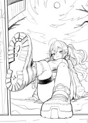 Rule 34 | 1girl, ahoge, arm support, breasts, closed mouth, facial tattoo, feet up, goddess of victory: nikke, greyscale, heart, heart tattoo, highres, jackal (nikke), jacket, knees up, large breasts, long hair, monochrome, off-shoulder jacket, off shoulder, open clothes, open jacket, shinoe nun, shoes, side ponytail, sidelocks, sitting, smile, sneakers, solo, sports bra, tattoo, thigh strap