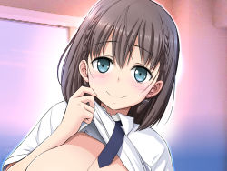 Rule 34 | 1girl, ai-chan (tawawa), blue eyes, blush, braid, breasts, brown hair, closed mouth, clothes lift, collared shirt, getsuyoubi no tawawa, gradient background, hand up, harukigenia, highres, large breasts, looking at viewer, necktie, no bra, shirt, shirt lift, short hair, simple background, smile, solo, upper body, white shirt