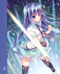 Rule 34 | 1girl, absurdres, ange vierge, belt, black thighhighs, blue eyes, blue hair, boots, clenched hand, energy sword, hair ornament, hairclip, highres, holding, holding sword, holding weapon, long hair, looking at viewer, necktie, official art, ryouka (suzuya), scan, shirt, short hair, skirt, smile, solo, sougetsu saya, sword, thighhighs, weapon, zettai ryouiki