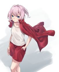 Rule 34 | 1girl, blue eyes, commentary request, cowboy shot, gym shorts, gym uniform, hand in pocket, highres, jacket, jacket on shoulders, kantai collection, pink hair, ponytail, red jacket, red shorts, shadow, shiranui (kancolle), short hair, shorts, simple background, solo, standing, track jacket, u yuz xx, white background