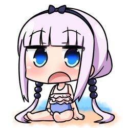 Rule 34 | 1girl, blue eyes, chibi, commentary request, hair bobbles, hair ornament, hana kazari, kanna kamui, kobayashi-san chi no maidragon, long hair, looking at viewer, low twintails, one-piece swimsuit, open mouth, purple hair, simple background, sitting, solo, swimsuit, twintails