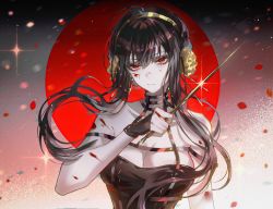 Rule 34 | 1girl, bare shoulders, black dress, black hair, blood, blood on face, breasts, cleavage, dagger, diffraction spikes, dress, earrings, flower, full moon, gloves, gold hairband, hair flower, hair ornament, hairband, highres, holding, japanese flag, jewelry, knife, long hair, looking at viewer, moon, petals, red eyes, red moon, rose petals, sidelocks, solo, sparkle, spy x family, stiletto (weapon), upper body, weapon, yor briar, zhumojian