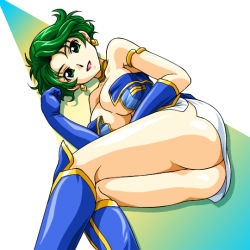 Rule 34 | 1girl, armlet, ass, aya kobayashi, banpresto, bare shoulders, boots, breasts, choker, cleavage, earrings, elbow gloves, gloves, green hair, jewelry, knee boots, large breasts, lying, majin go!, short hair, solo, super robot wars, thigh boots, thighhighs