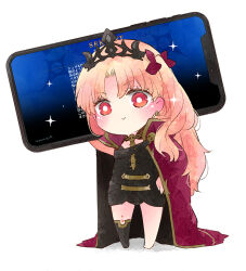 Rule 34 | 1girl, azumi (myameco), black thighhighs, black tiara, blonde hair, blush, cape, cellphone, chibi, earrings, ereshkigal (fate), fate/grand order, fate (series), hair ribbon, holding, holding phone, hoop earrings, jewelry, loading screen, looking at viewer, phone, red cape, red eyes, red ribbon, ribbon, simple background, single thighhigh, skull, skull brooch, smartphone, smile, solo, sparkle, spine, thighhighs, tiara, white background