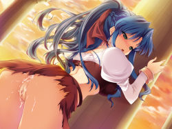 Rule 34 | anal, blue hair, blush, censored, cum, cum in ass, doggystyle, green eyes, madou monogatari, ponytail, puyopuyo, ribbon, rulue (puyopuyo), sex, sex from behind, tagme, torn clothes