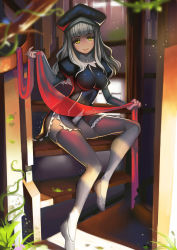 Rule 34 | 1girl, blurry, breasts, caren hortensia, depth of field, fate/hollow ataraxia, fate (series), fiodo, grey thighhighs, hat, highres, impossible clothes, layered sleeves, long hair, medium breasts, pantyhose, silver hair, sitting, sitting on stairs, smile, solo, stairs, thighhighs, yellow eyes