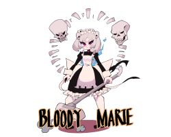 Rule 34 | 1girl, apron, bloody marie (skullgirls), bow, brooch, character name, frown, full body, hair ornament, highres, jewelry, maid, maid headdress, oss, red eyes, ribs, skull, skull hair ornament, skullgirls, solo, vacuum cleaner, white background, white hair
