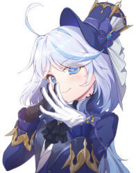 Rule 34 | 1girl, ahoge, ascot, asymmetrical gloves, black ascot, black hat, blue eyes, blue gemstone, blue hair, blue jacket, blush, closed mouth, furina (genshin impact), gem, genshin impact, gloves, hat, highres, iriya (pixiv68685836), jacket, looking at viewer, mismatched gloves, mismatched pupils, multicolored hair, simple background, smile, solo, streaked hair, top hat, upper body, white background, white hair