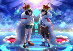 Rule 34 | 1boy, 1girl, anniversary, artist name, black hair, blue eyes, cape, cocoloco, commentary request, copyright name, creatures (company), crown, elio (pokemon), fur-trimmed cape, fur trim, game freak, green shorts, looking to the side, nintendo, pants, pokemon, pokemon sm, red cape, selene (pokemon), shirt, shorts, spread fingers, standing, striped clothes, striped shirt, teeth, throne, tied shirt, yellow shirt