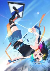 Rule 34 | 1girl, absurdres, aircraft, airplane, bad id, bad pixiv id, black eyes, black hair, black leotard, black thighhighs, blonde hair, blue hair, blue jacket, blue shorts, breasts, colored inner hair, contrail, day, fingernails, full body, green hair, highres, holding, holding pen, jacket, jacket partially removed, leotard, long sleeves, lowleg, lowleg shorts, medium breasts, medium hair, mizumi zumi, multicolored hair, nail polish, open mouth, orange nails, orange ribbon, original, outdoors, oversized object, pantyhose, partially unzipped, pen, phone, pink hair, rainbow hair, red hair, ribbon, see-through, see-through jacket, see-through sleeves, short shorts, shorts, sideboob, sleeveless turtleneck leotard, sleeves past wrists, smile, solo, streaked hair, teeth, thigh strap, thighhighs, upper teeth only, upside-down, zipper pull tab