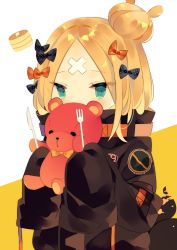 Rule 34 | 1girl, abigail williams (fate), abigail williams (traveling outfit) (fate), blonde hair, bow, butter, clothing request, commentary request, covered mouth, fate/grand order, fate (series), food, fork, green eyes, hair bow, hair bun, highres, knife, mimo lm, multiple hair bows, official alternate costume, pancake, parted bangs, simple background, single hair bun, sleeves past fingers, sleeves past wrists, solo, stuffed animal, stuffed toy, tagme, teddy bear, white background, yellow background