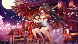 Rule 34 | 2girls, :d, absurdres, architecture, bare shoulders, cherry blossoms, copyright request, east asian architecture, floral print, full moon, hair ornament, high ponytail, highres, huge filesize, japanese clothes, jewelry, kimono, lantern, long hair, moon, multiple girls, necklace, night, night sky, official art, open mouth, paper lantern, parasol, peneko, red eyes, red kimono, shide, sitting, sky, smile, umbrella, very long hair, white legwear, wide sleeves