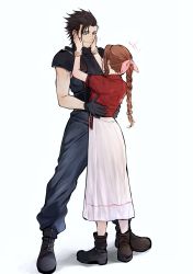 Rule 34 | 1boy, 1girl, aerith gainsborough, arms up, black footwear, black hair, blue eyes, bow, bracelet, braid, brown footwear, brown hair, commentary, cropped jacket, dress, final fantasy, final fantasy vii, from behind, full body, gloves, hair bow, hands on another&#039;s waist, highres, jacket, jewelry, legs apart, long dress, long hair, looking at another, looking down, maiii (smaii i), pink bow, pink dress, red jacket, shoes, shoulder pads, smile, standing, symbol-only commentary, zack fair