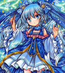 Rule 34 | 1girl, bare shoulders, blue background, blue dress, blue eyes, blue hair, blue ribbon, blush, cancer (constellation), conductor baton, constellation print, cowboy shot, detached sleeves, dress, earrings, embellished costume, frilled dress, frilled sleeves, frills, hair between eyes, hair ornament, hair ribbon, hairclip, hands up, hatsune miku, holding, holding wand, index finger raised, jewelry, layered dress, light blue hair, long hair, long sleeves, looking at viewer, magic, marker (medium), parted lips, ribbon, rui (sugar3), sample watermark, scorpius (constellation), sleeveless, sleeveless dress, snowflakes, solo, sparkle, standing, star (symbol), star hair ornament, striped ribbon, traditional media, twintails, very long hair, vocaloid, wand, watermark, wide sleeves, yuki miku, yuki miku (2017)