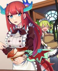 Rule 34 | 2girls, :3, :d, = =, apron, batter, black dress, blue eyes, blue horns, blush, bowl, breasts, brown choker, buttons, choker, closed eyes, collar, commentary request, detached collar, door, dragon girl, dragon horns, dragon tail, dragon wings, dragonmaid (yu-gi-oh!), dress, duel monster, frilled apron, frilled collar, frilled sleeves, frills, green hair, green legwear, hair between eyes, hair rings, highres, holding, holding bowl, holding sack, holding whisk, horns, indoors, kitchen dragonmaid, lace-trimmed apron, lace trim, large breasts, long hair, long sleeves, looking at viewer, lower teeth only, maid, maid apron, maid headdress, mixing, mixing bowl, motion lines, multiple girls, nose blush, open door, open mouth, parlor dragonmaid, pinyata (pinyaland), puffy long sleeves, puffy short sleeves, puffy sleeves, red dress, red hair, red neckwear, sack, short sleeves, sidelocks, smile, spatula, standing, sweatdrop, tail, teeth, thighhighs, upper body, whisk, window, wings, wrist cuffs, yellow horns, yu-gi-oh!, zettai ryouiki, |d