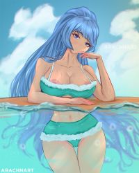 Rule 34 | 1girl, arachnart, bare shoulders, blue eyes, blue hair, blush, boku no hero academia, breasts, closed mouth, cloud, cloudy sky, hadou nejire, highres, large breasts, long hair, sky, smile, swimsuit, tagme, water