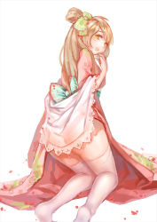 Rule 34 | 10s, 1girl, ass, blush, bow, breasts, feng dai hr, floral print, from behind, japanese clothes, kimono, kneeling, light brown hair, long hair, looking at viewer, love live!, love live! school idol festival, love live! school idol project, medium breasts, minami kotori, parted lips, side ponytail, simple background, solo, thighhighs, thighs, white thighhighs, yellow eyes