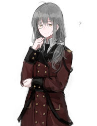 Rule 34 | 1girl, ?, ahoge, black necktie, buttons, coat, collared shirt, double-breasted, epaulettes, girls&#039; frontline, grey hair, griffin &amp; kryuger military uniform, hair tie, hand to own mouth, helianthus (girls&#039; frontline), highres, long hair, military, military uniform, monocle, necktie, ponytail, rampart1028, red coat, scrunchie, serious, shirt, sidelocks, solo, strap, uniform, white background, wrist cuffs, yellow eyes