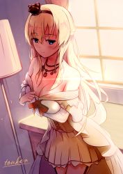 Rule 34 | 10s, 1girl, blonde hair, blue eyes, braid, breast rest, breasts, cleavage, crown, dress, dutch angle, french braid, hairband, highres, indoors, kantai collection, lamp, large breasts, long hair, mini crown, off-shoulder dress, off shoulder, solo, standing, touken, warspite (kancolle), window