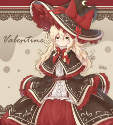 Rule 34 | 1girl, absurdres, alternate costume, artist name, blonde hair, bow, bowtie, brown background, brown capelet, brown hat, buckle, capelet, center frills, closed mouth, coreytaiyo, crescent, crescent pin, dated, expressionless, frilled capelet, frilled hat, frilled sleeves, frills, green eyes, hair bow, hat, hat bow, highres, kirisame marisa, lace, large bow, layered clothes, long hair, long skirt, long sleeves, looking at viewer, messy hair, red bow, red bowtie, red skirt, shirt, showgirl skirt, signature, skirt, sleeves past fingers, sleeves past wrists, solo, touhou, valentine, wavy hair, white shirt, wide sleeves, witch hat