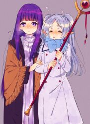 Rule 34 | 2girls, puff of air, blue eyes, blue hair, breath, closed eyes, coat, cold, commentary, cowboy shot, dangle earrings, earrings, elf, fern (sousou no frieren), frieren, hand on another&#039;s arm, highres, holding, holding staff, jewelry, long hair, looking at viewer, mage staff, multiple girls, parted bangs, pointy ears, rumic 0620, scarf, shawl, simple background, squeans, sleepy, sousou no frieren, staff, twintails, white hair