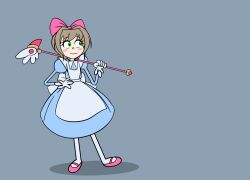 Rule 34 | 1girl, animated, animated gif, anna rettberg, apron, blue background, blue dress, blush stickers, bow, brown hair, cardcaptor sakura, commentary, dress, english commentary, full body, fuuin no tsue, gloves, green eyes, hair bow, holding, holding wand, kinomoto sakura, looking to the side, mary janes, pink bow, pink footwear, shoes, short hair, simple background, solo, standing, wand, white apron, white gloves