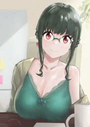Rule 34 | 1girl, absurdres, anosillus ii, anosillus ii (private time), azur lane, black hair, breast rest, breasts, camisole, cleavage, glasses, green camisole, gridman universe, highres, large breasts, looking at viewer, red eyes, round eyewear, shee-p (inemurisheep113), single bare shoulder, smile, solo, ssss.dynazenon, upper body