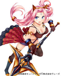 Rule 34 | 1girl, black thighhighs, blue eyes, boots, breasts, cleavage, fang, heart pendant, highres, irohara, jewelry, large breasts, long hair, looking at viewer, open mouth, pendant, pink hair, polearm, seiken rensei monhame saga, simple background, solo, spear, thighhighs, very long hair, weapon, white background