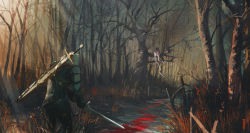 Rule 34 | 1boy, 1girl, armor, belt, blood, fantasy, forest, from behind, geralt of rivia, gloves, grass, highres, holding, holding sword, holding weapon, ismail inceoglu, monster girl, nature, outdoors, over shoulder, pants, scenery, sheath, sheathed, sitting on branch, standing, sunlight, sword, sword behind back, the witcher (series), the witcher 3, tree, weapon, weapon on back, weapon over shoulder, white hair
